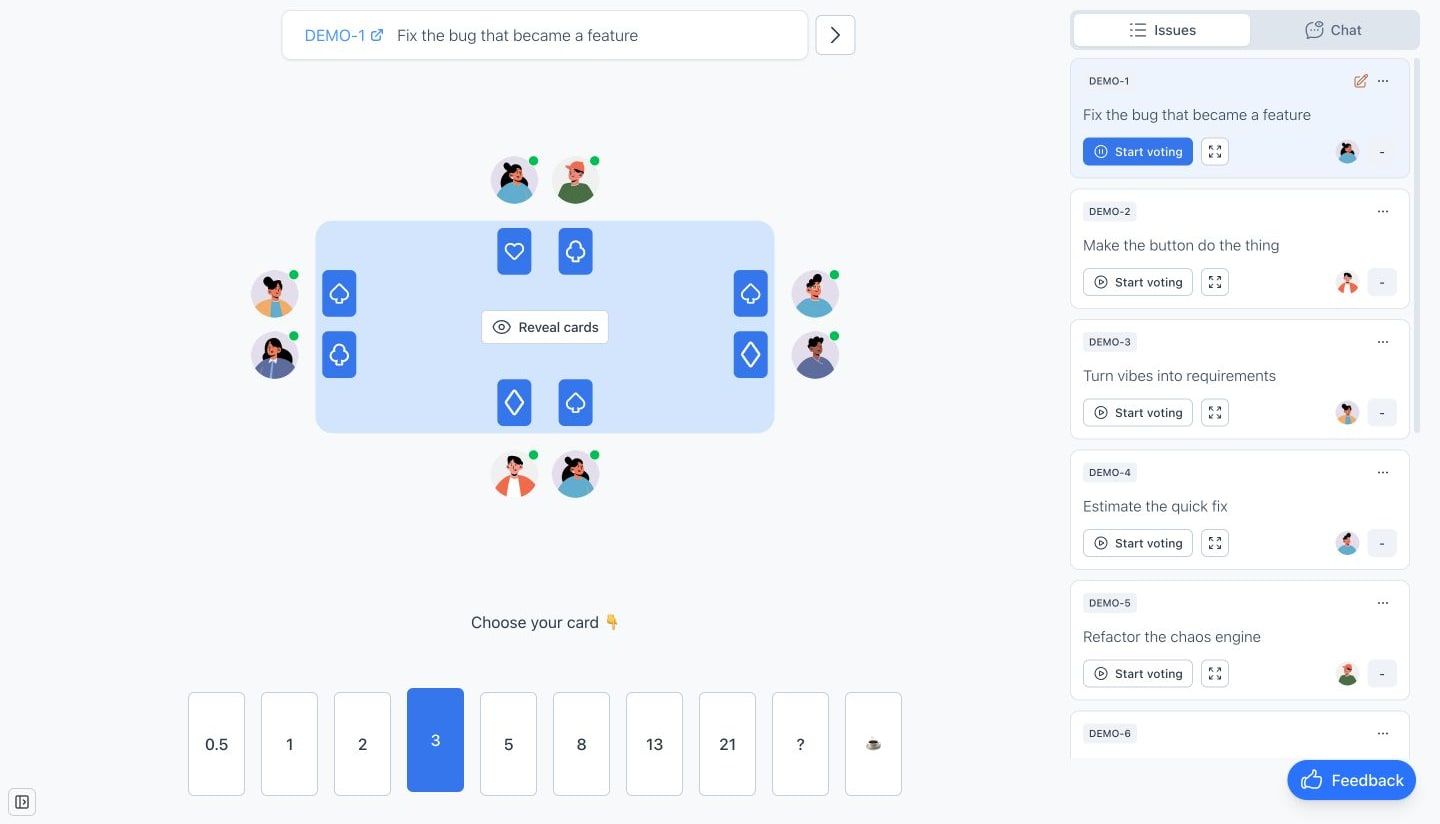 The current Agilo Planning Poker room with eight fictional participants and their votes hidden