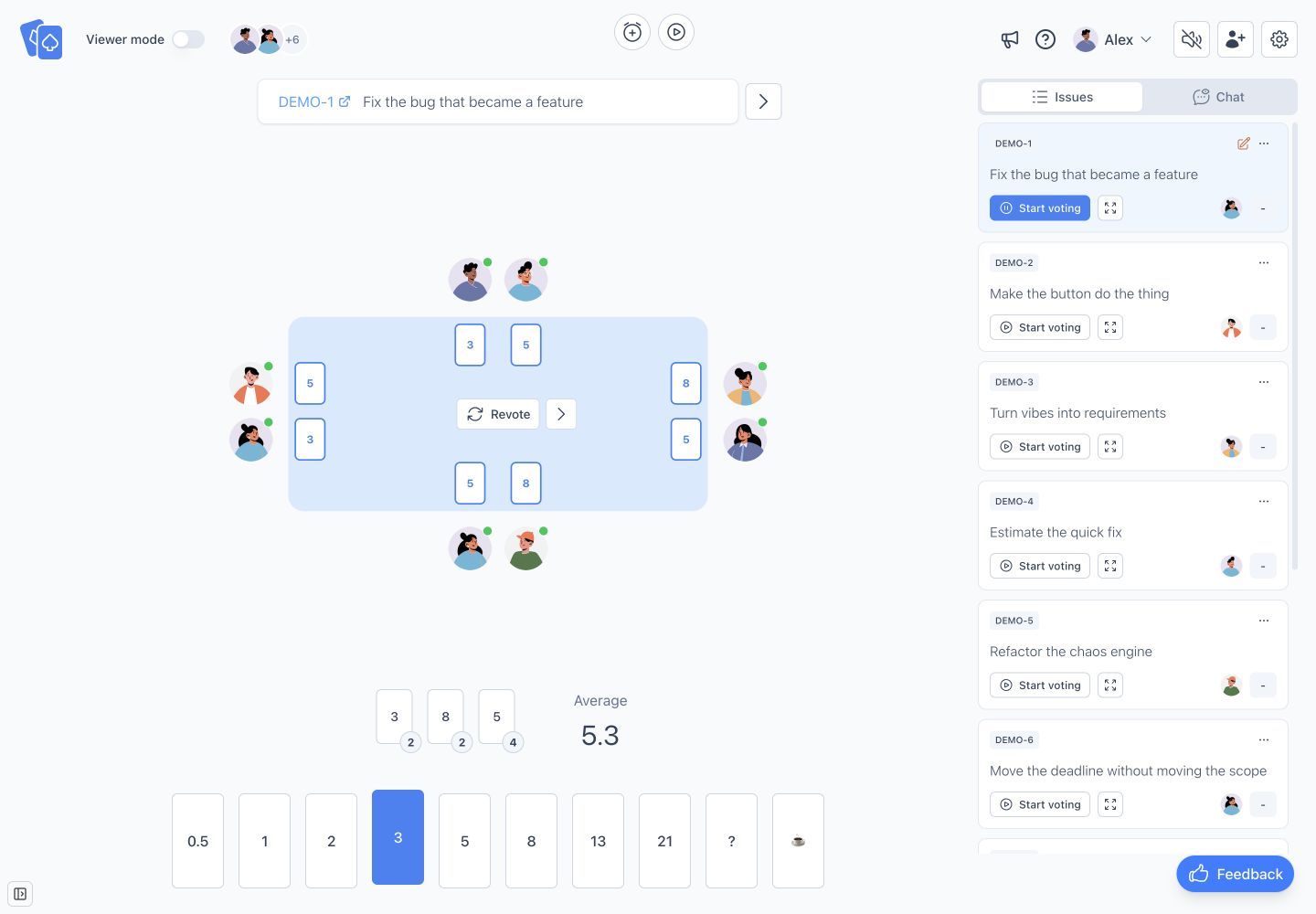 The current Agilo Planning Poker room with fictional participants, revealed votes from 3 to 8, and an average of 5.3