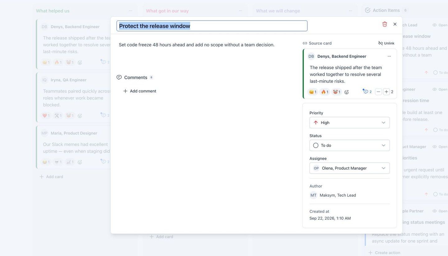 An Agilo action item linked to its source card, with priority, status, and a fictional assignee