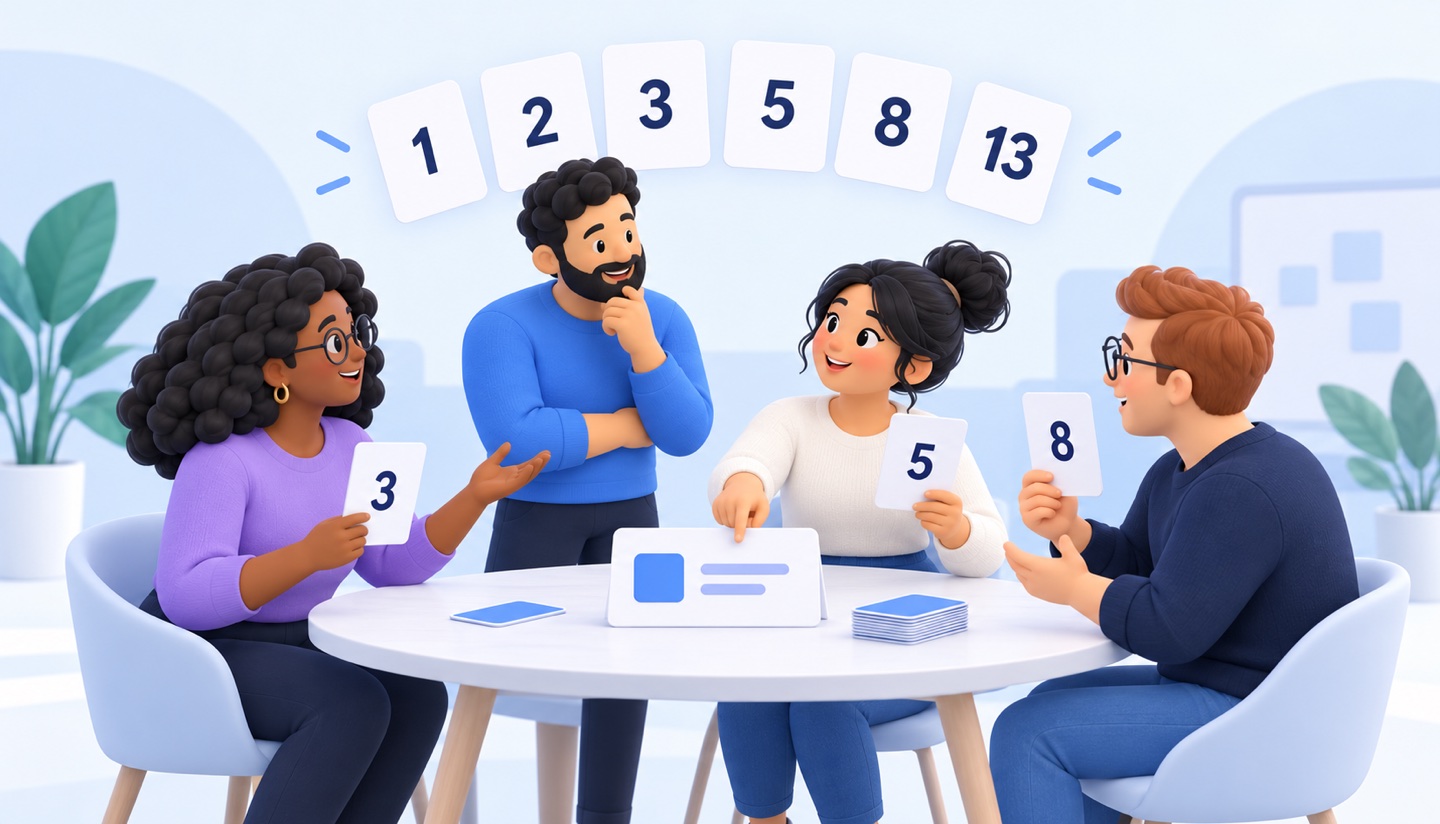 Dört ekip üyesi, 1’den 13’e Fibonacci ölçeğinin altında 3, 5 ve 8 kartlarıyla bir görevi tartışıyor
