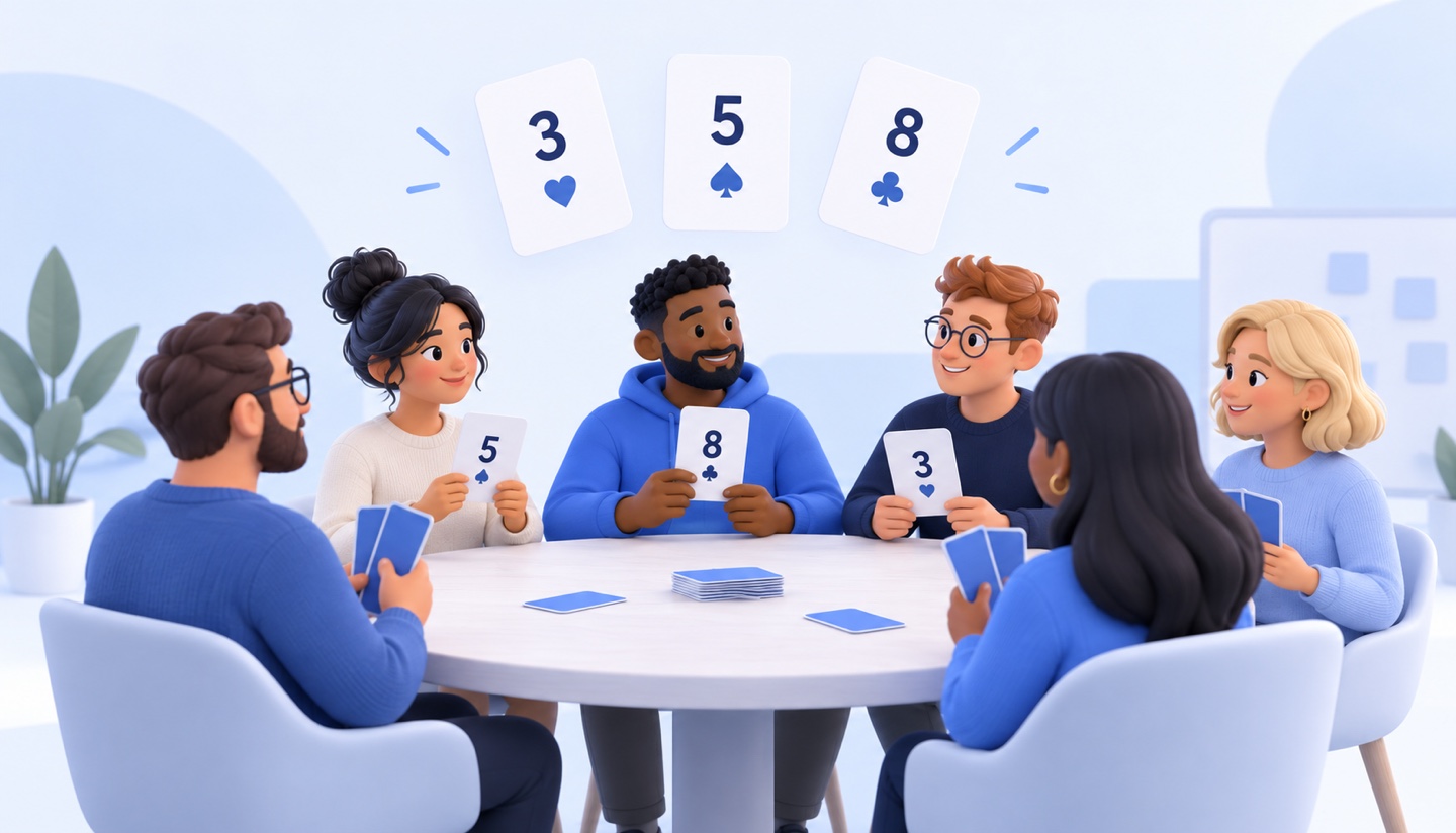 A team comparing Planning Poker cards with estimates of three, five, and eight