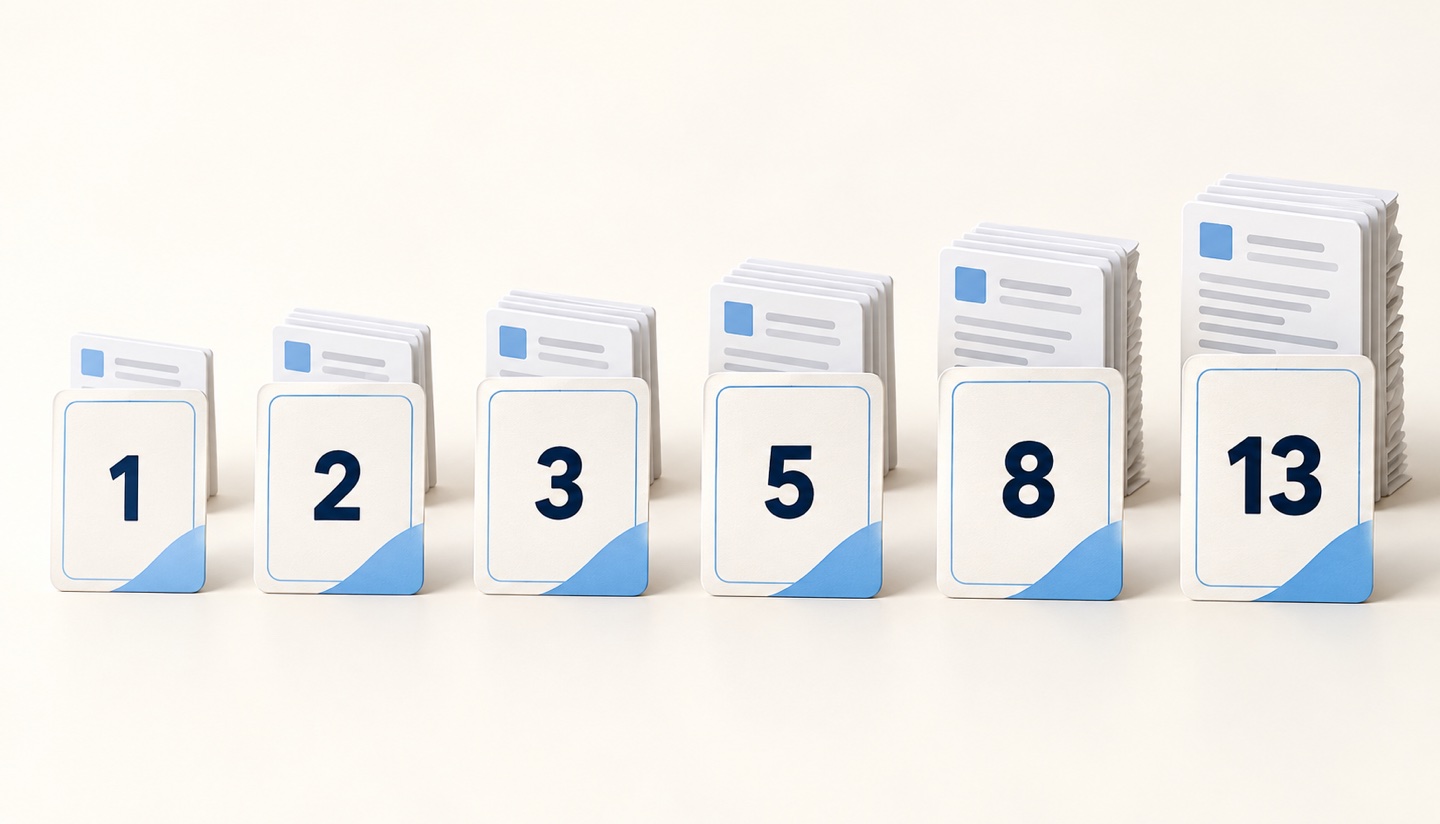 Six estimation cards labeled 1, 2, 3, 5, 8 and 13 with growing stacks of document cards